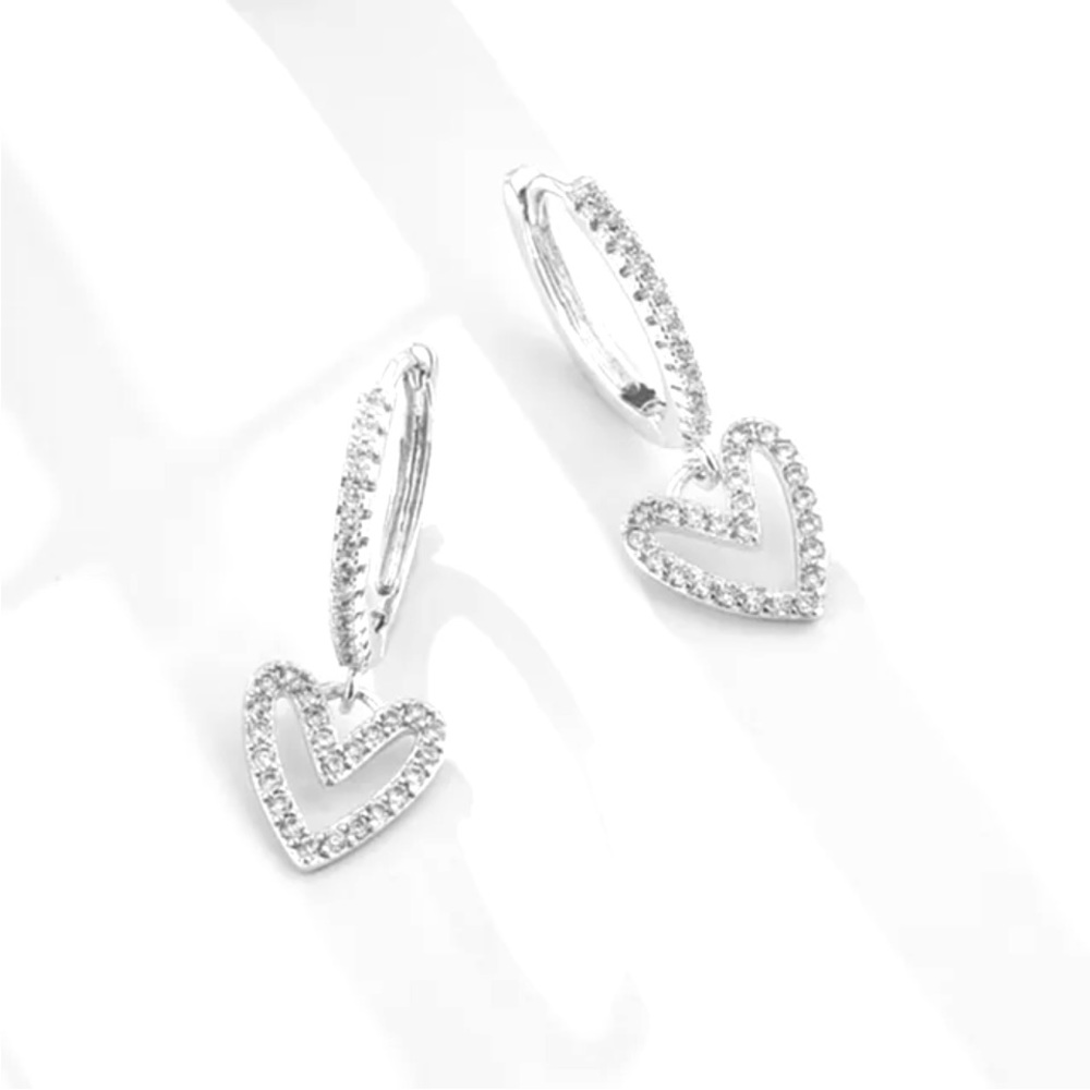 New Sterling Silver White Sapphire Heart Drop Earrings